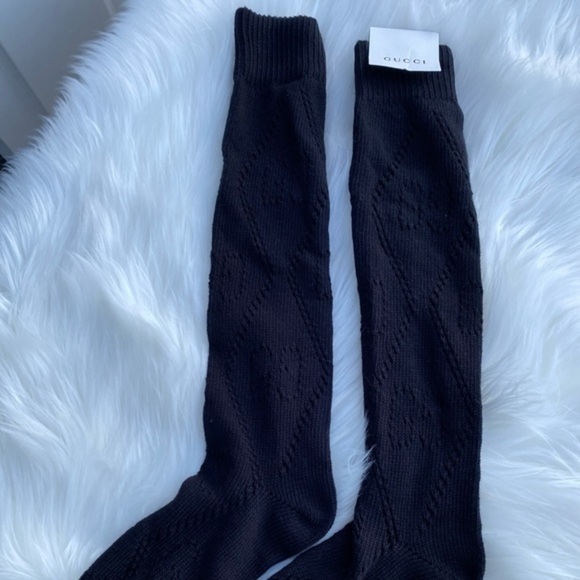 Gucci X Gg Monogram Logo Crochet Tall Socks | Black Knit Soft Socks Nwt